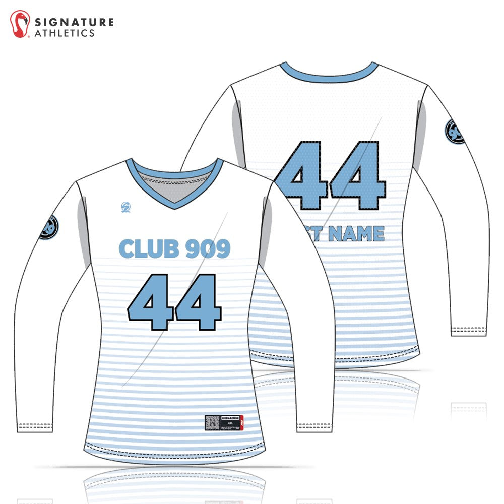 Risen 909 Volleyball Club Women's White V-Neck Long Sleeve Jersey: 18 Blue