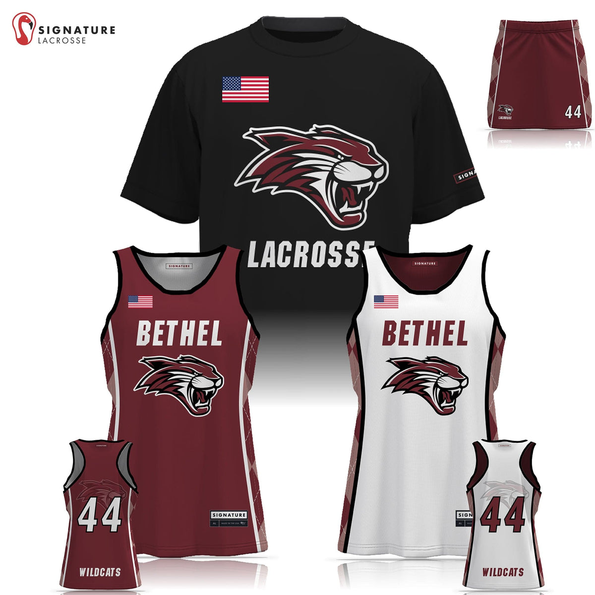 Bethel Youth Lacrosse Women's 3 Piece Game Package - Basic 2.0 - S/S Shooter Shirt:Girls Bantam Signature Lacrosse