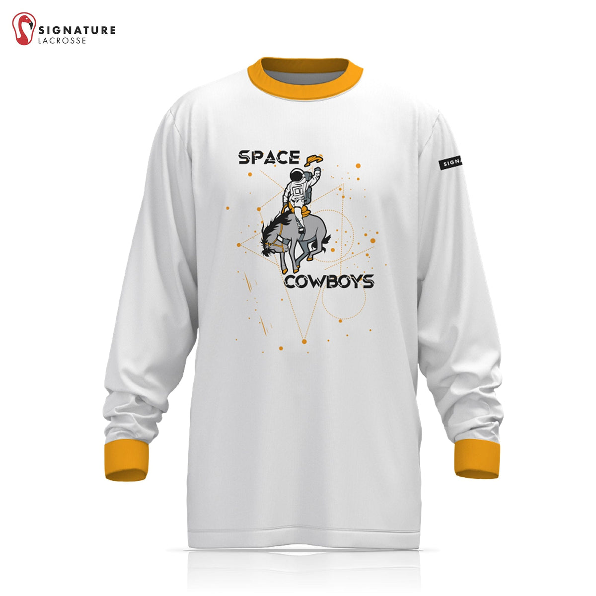 Space Cowboys Lacrosse Men's Pro White Long Sleeve Shooting Shirt: High School Signature Lacrosse