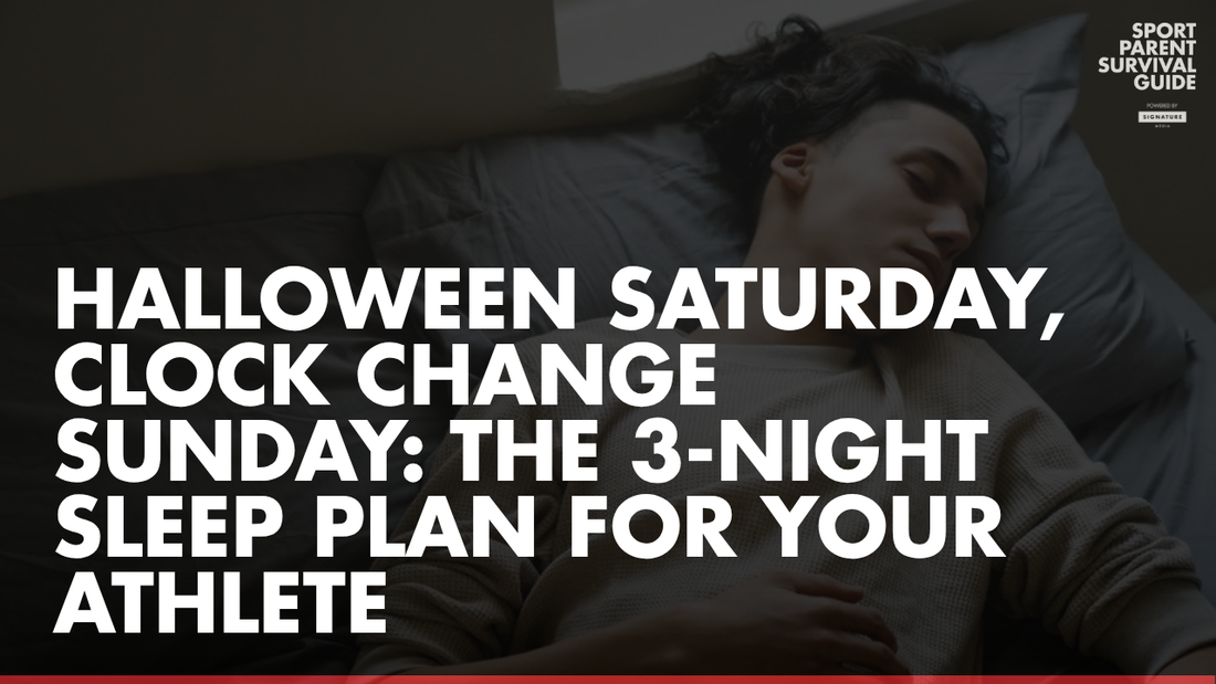 A teenage athlete sleeps on his back in a dim bedroom, head on a gray pillow, with the headline Halloween Saturday, Clock Change Sunday: The 3-Night Sleep Plan for Your Athlete.