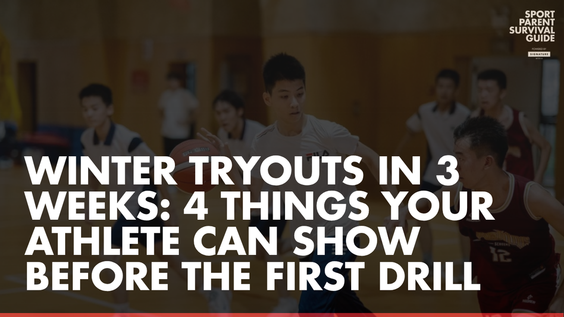 Teen basketball players play in an indoor gym as one dribbles the ball past a defender, with the headline Winter Tryouts in 3 Weeks: 4 Things Your Athlete Can Show Before the First Drill.
