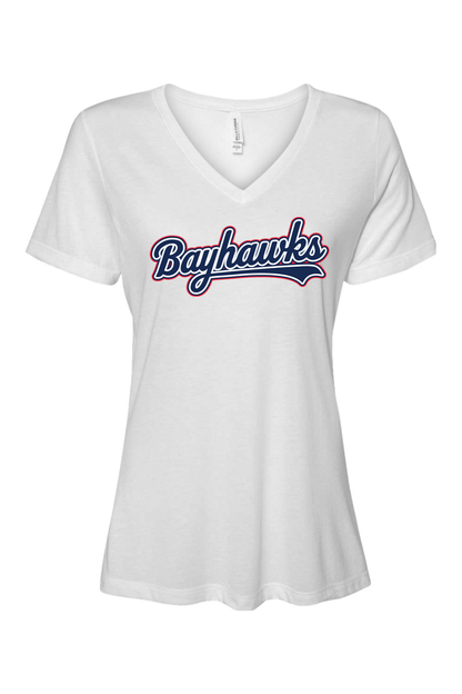 Bayhawks Lacrosse Bella + Canvas Women’s Relaxed Jersey Short Sleeve V-Neck T-Shirt Signature Lacrosse