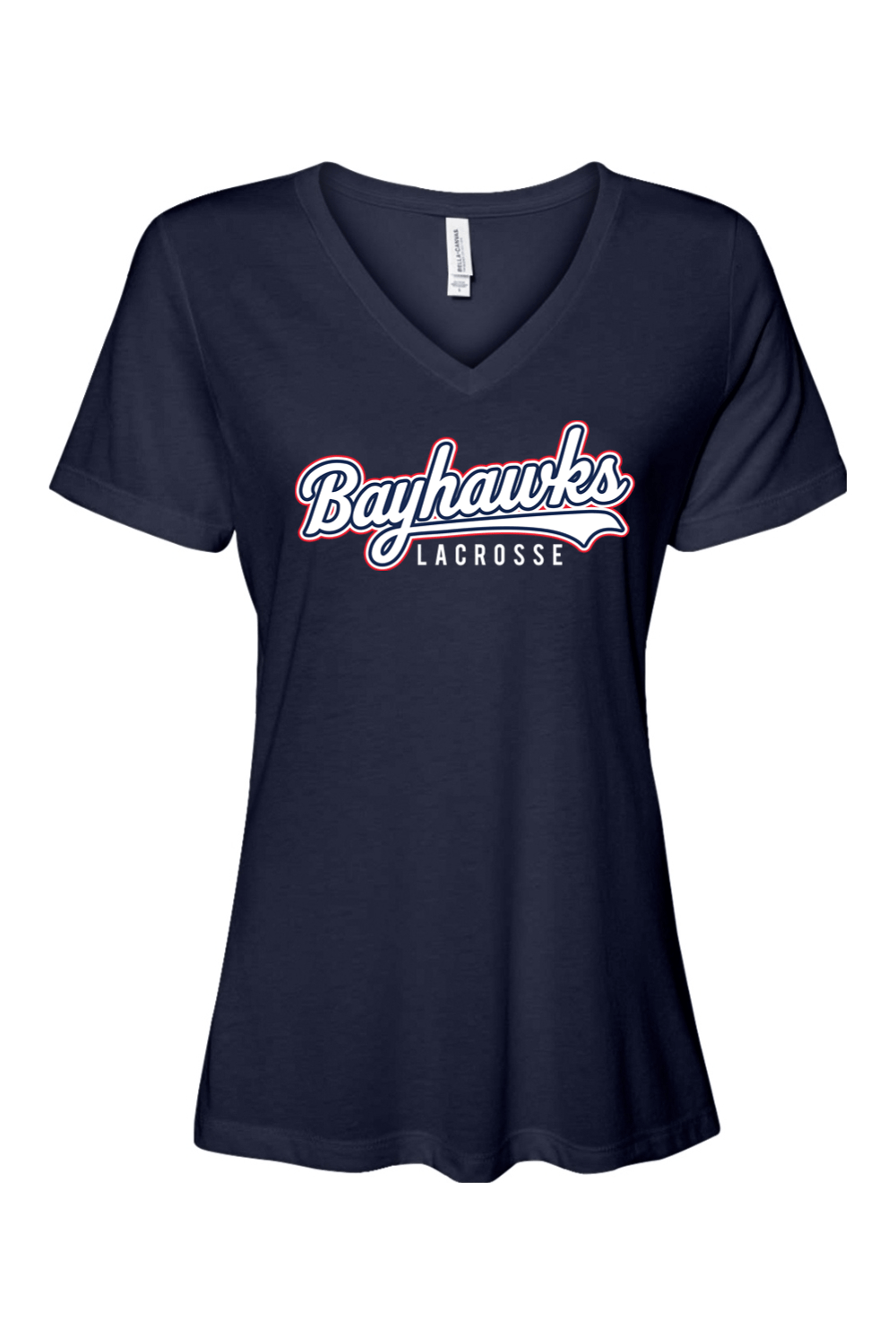 Bayhawks Lacrosse Bella + Canvas Women’s Relaxed Jersey Short Sleeve V-Neck T-Shirt Signature Lacrosse