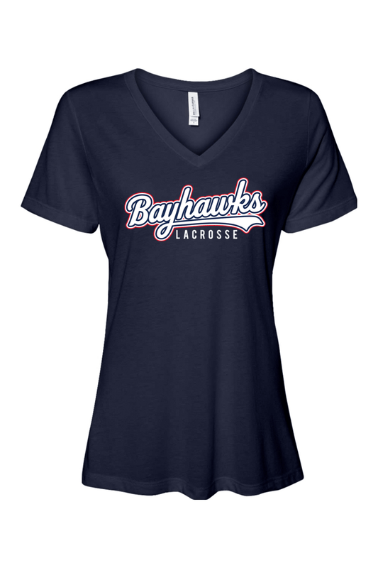 Bayhawks Lacrosse Bella + Canvas Women’s Relaxed Jersey Short Sleeve V-Neck T-Shirt Signature Lacrosse