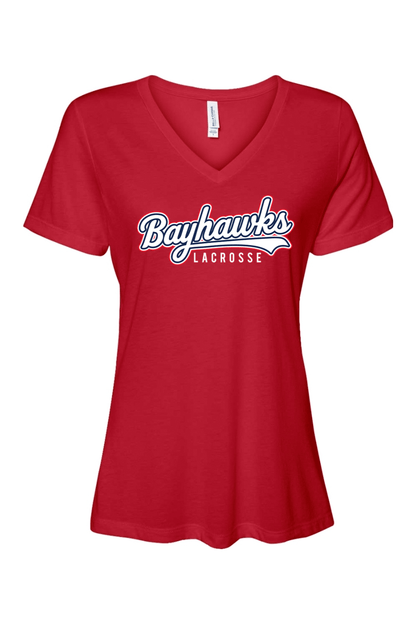 Bayhawks Lacrosse Bella + Canvas Women’s Relaxed Jersey Short Sleeve V-Neck T-Shirt Signature Lacrosse