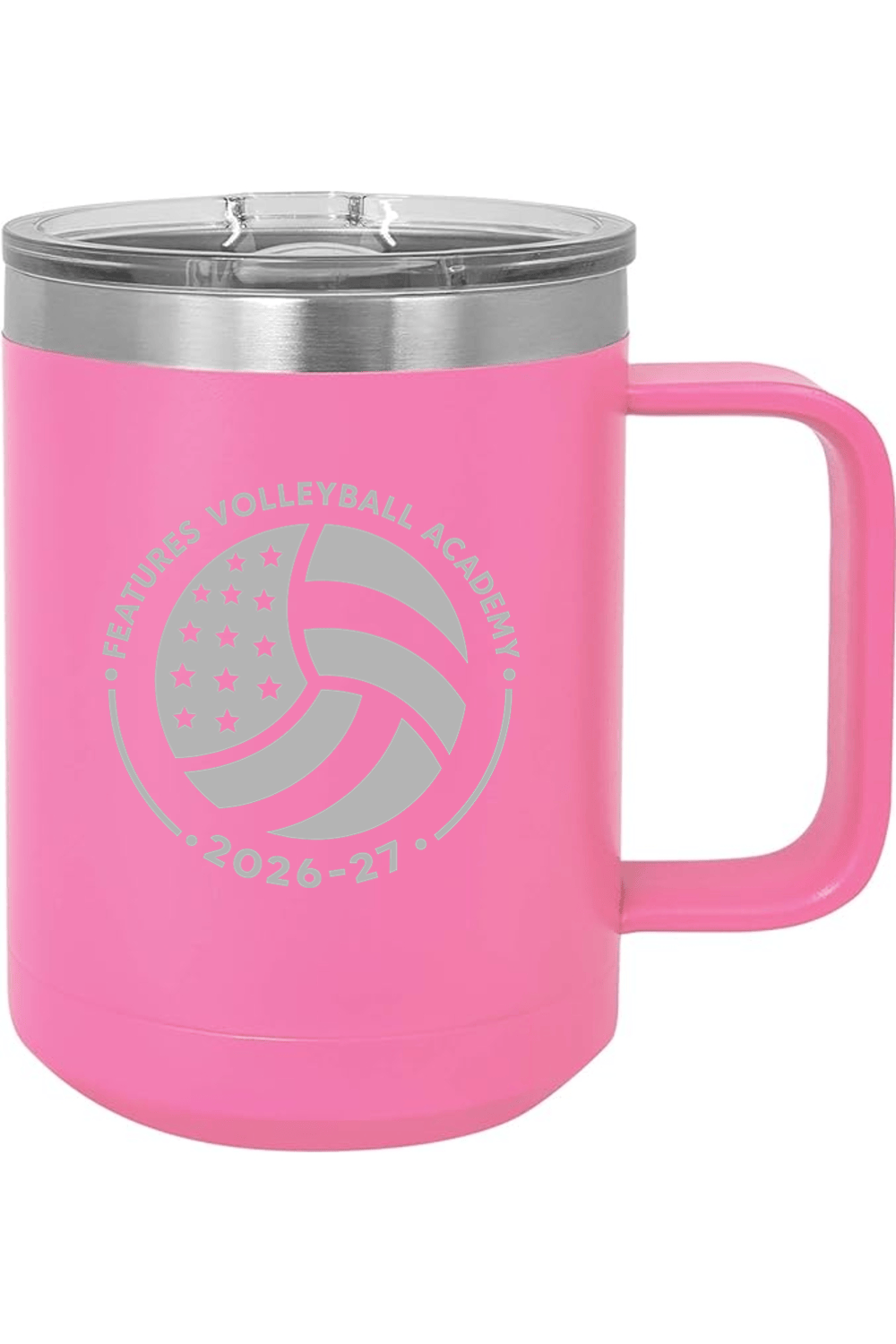 Features Volleyball 15oz Insulated Coffee Mug with Slider Lid Signature Lacrosse
