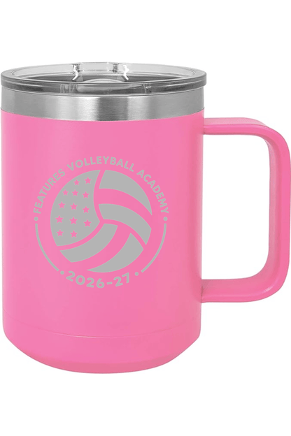 Features Volleyball 15oz Insulated Coffee Mug with Slider Lid Signature Lacrosse