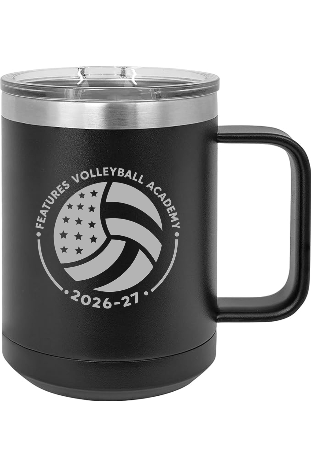 Features Volleyball 15oz Insulated Coffee Mug with Slider Lid Signature Lacrosse