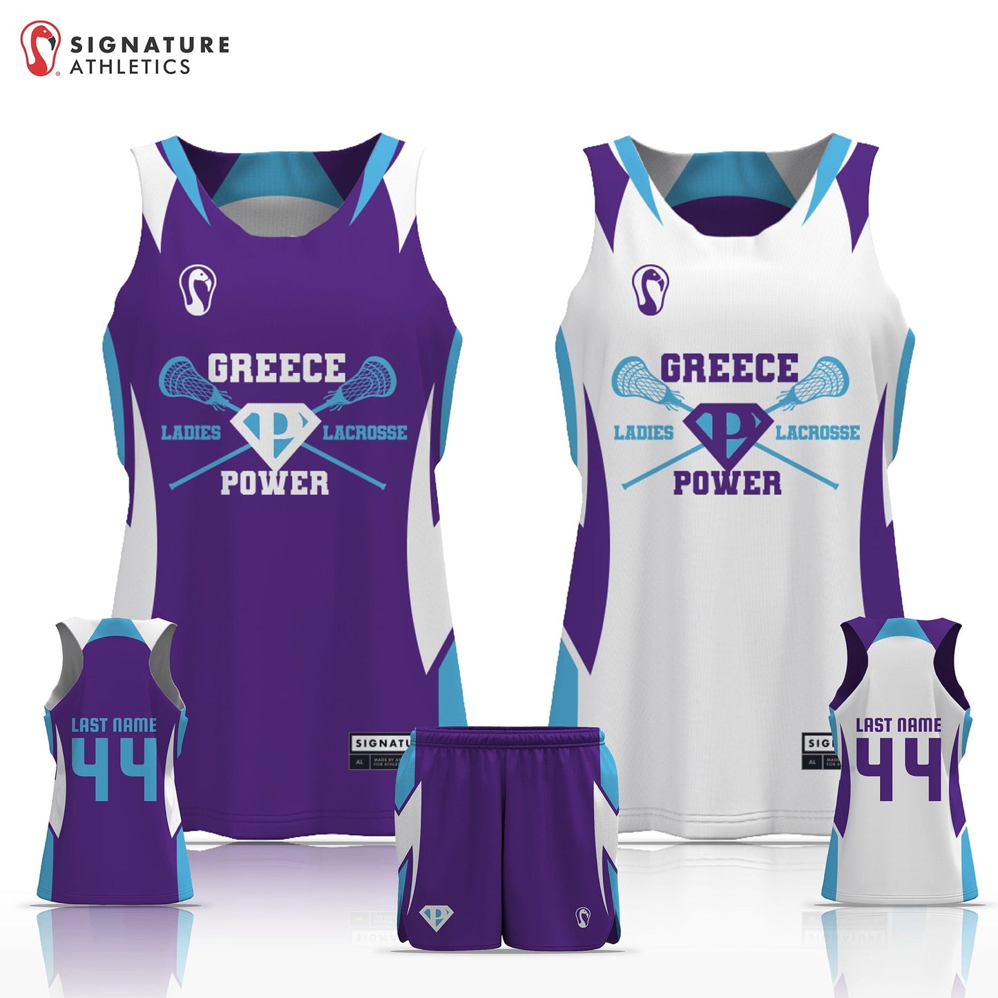 Greece Power Ladies Lacrosse  Women's 2 Piece Game Package - Basic 2.0 - with shorts:Girls 3-4 Signature Lacrosse