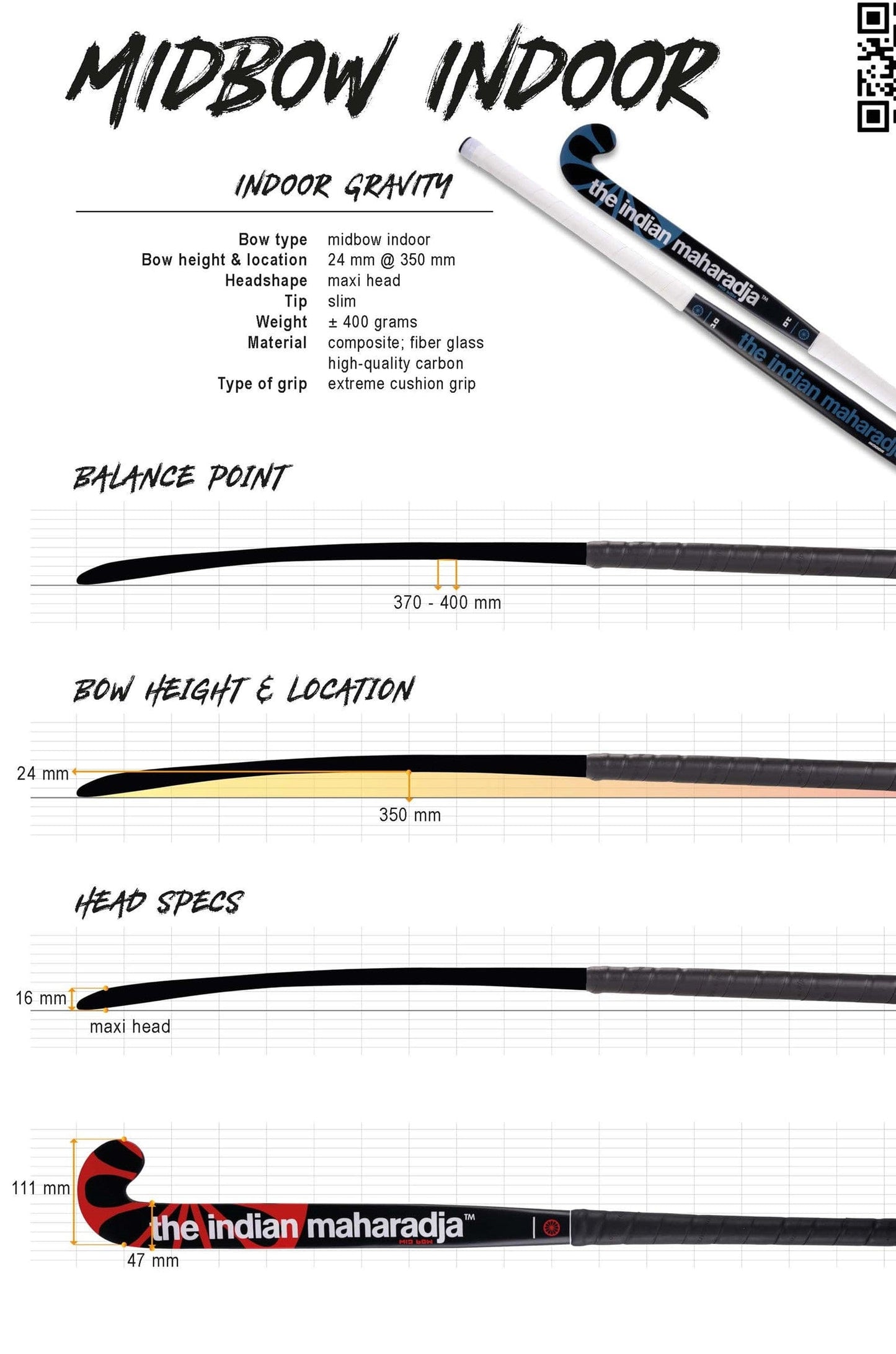 INDOOR Indian Maharadja Mid Bow Indoor Field Hockey Stick: Full Composite 36.5 & 37.5 Signature Lacrosse