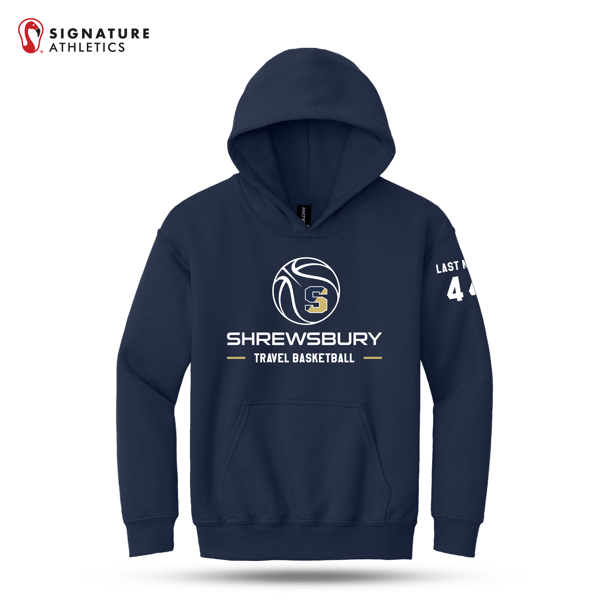 Shrewsbury Basketball Gildan Youth Heavy Blend Hooded Navy Sweatshirt Number and Name Signature Lacrosse