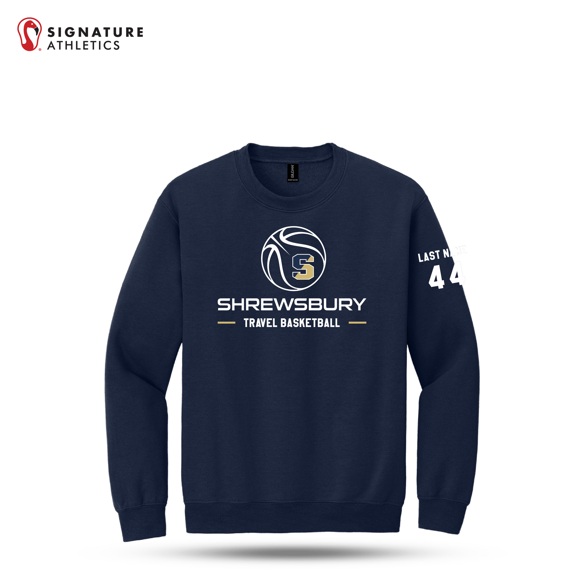 Shrewsbury Basketball Men's Gildan Heavy Blend Crewneck Navy Sweatshirt Number and Name Signature Lacrosse