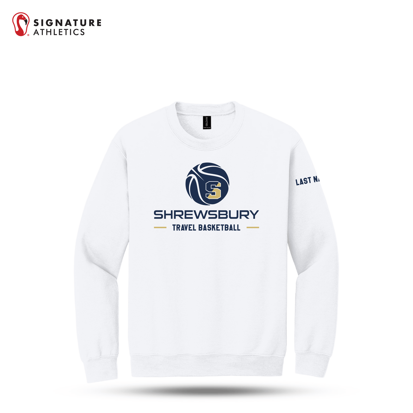 Shrewsbury Basketball Men's Gildan Heavy Blend Crewneck White Sweatshirt Name Signature Lacrosse