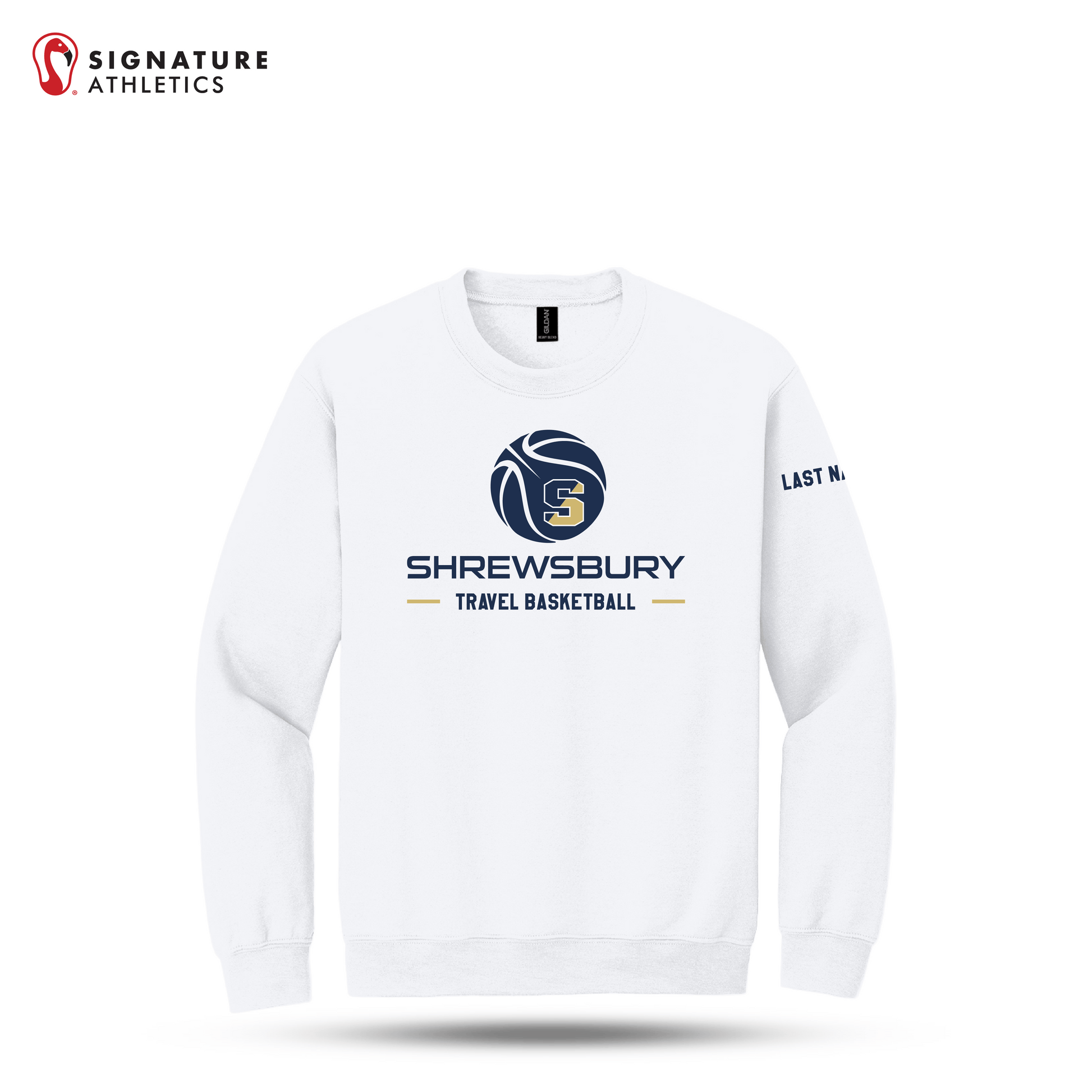 Shrewsbury Basketball Men's Gildan Heavy Blend Crewneck White Sweatshirt Name Signature Lacrosse