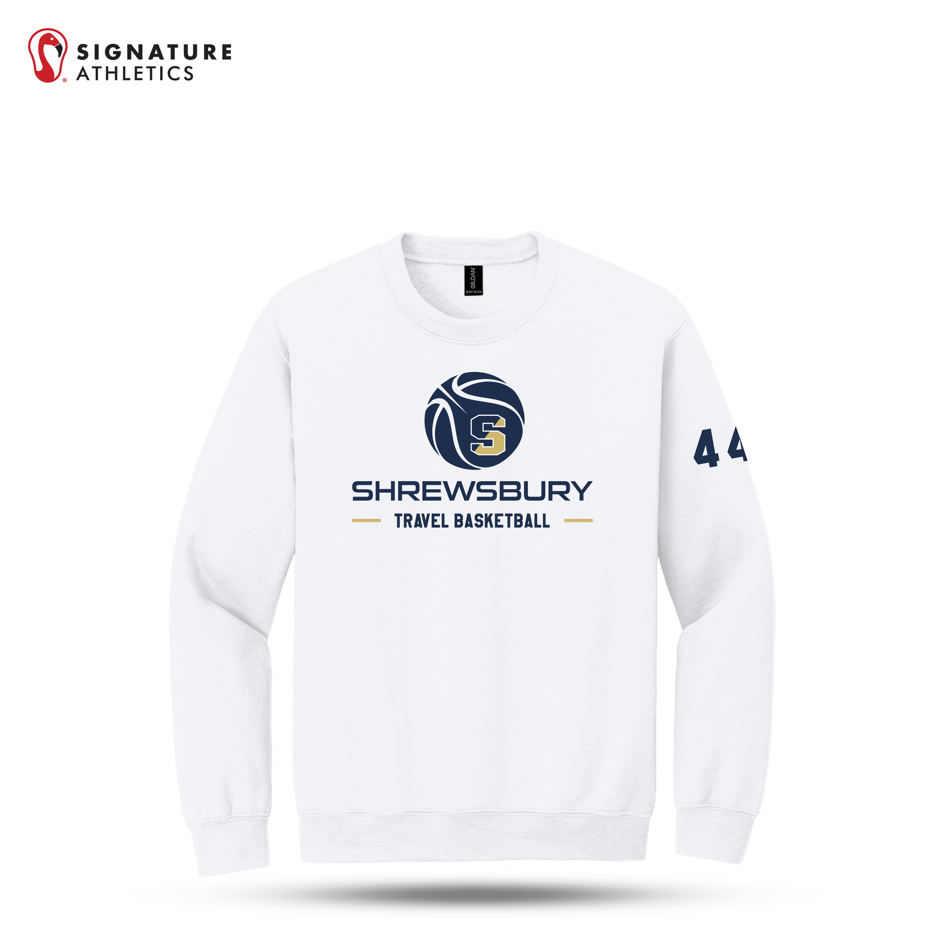 Shrewsbury Basketball Men's Gildan Heavy Blend Crewneck White Sweatshirt Number Signature Lacrosse