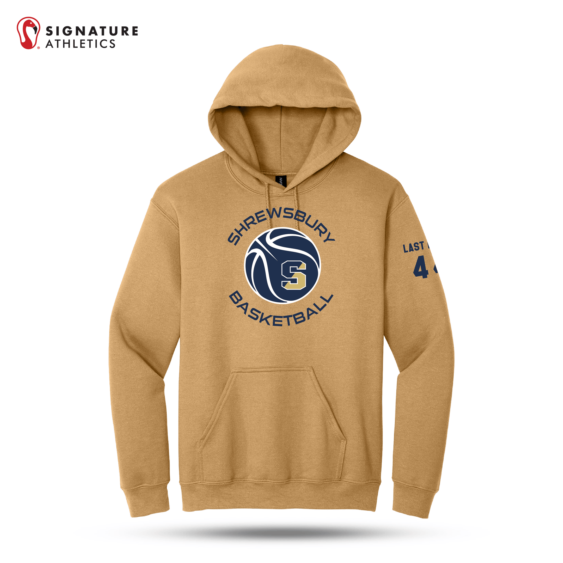 Shrewsbury Basketball Men's Gildan Heavy Blend Hooded Old Gold Sweatshirt Number and Name Signature Lacrosse