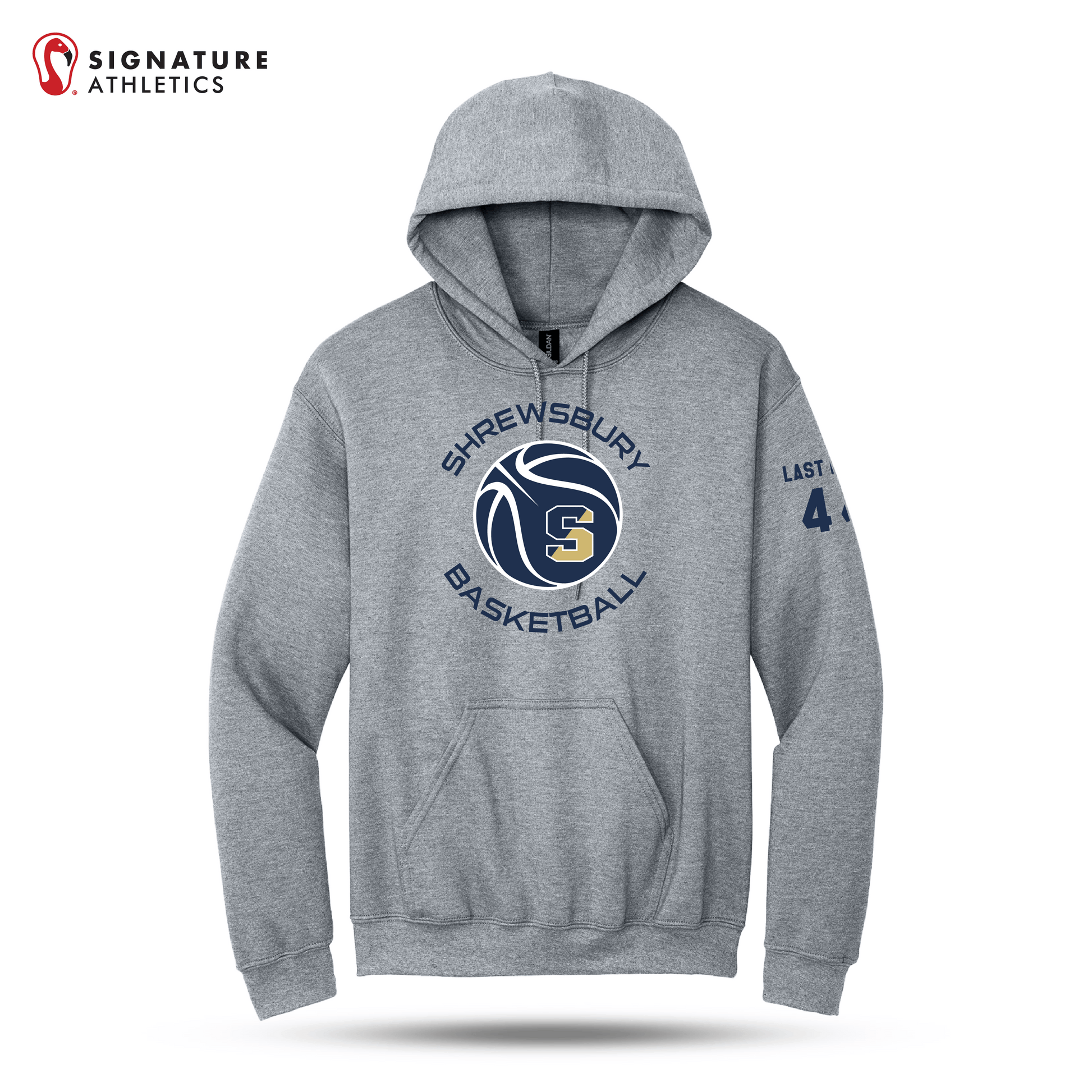 Shrewsbury Basketball Men's Gildan Heavy Blend Hooded Sport Grey Sweatshirt Number and Name Signature Lacrosse