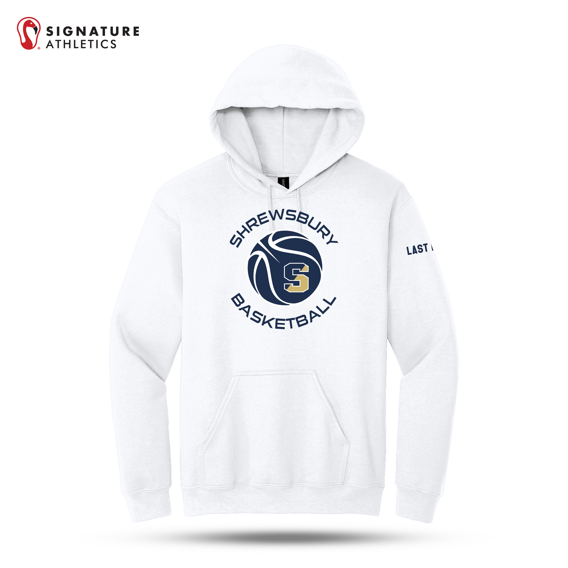 Shrewsbury Basketball Men's Gildan Heavy Blend Hooded White Sweatshirt Name Signature Lacrosse
