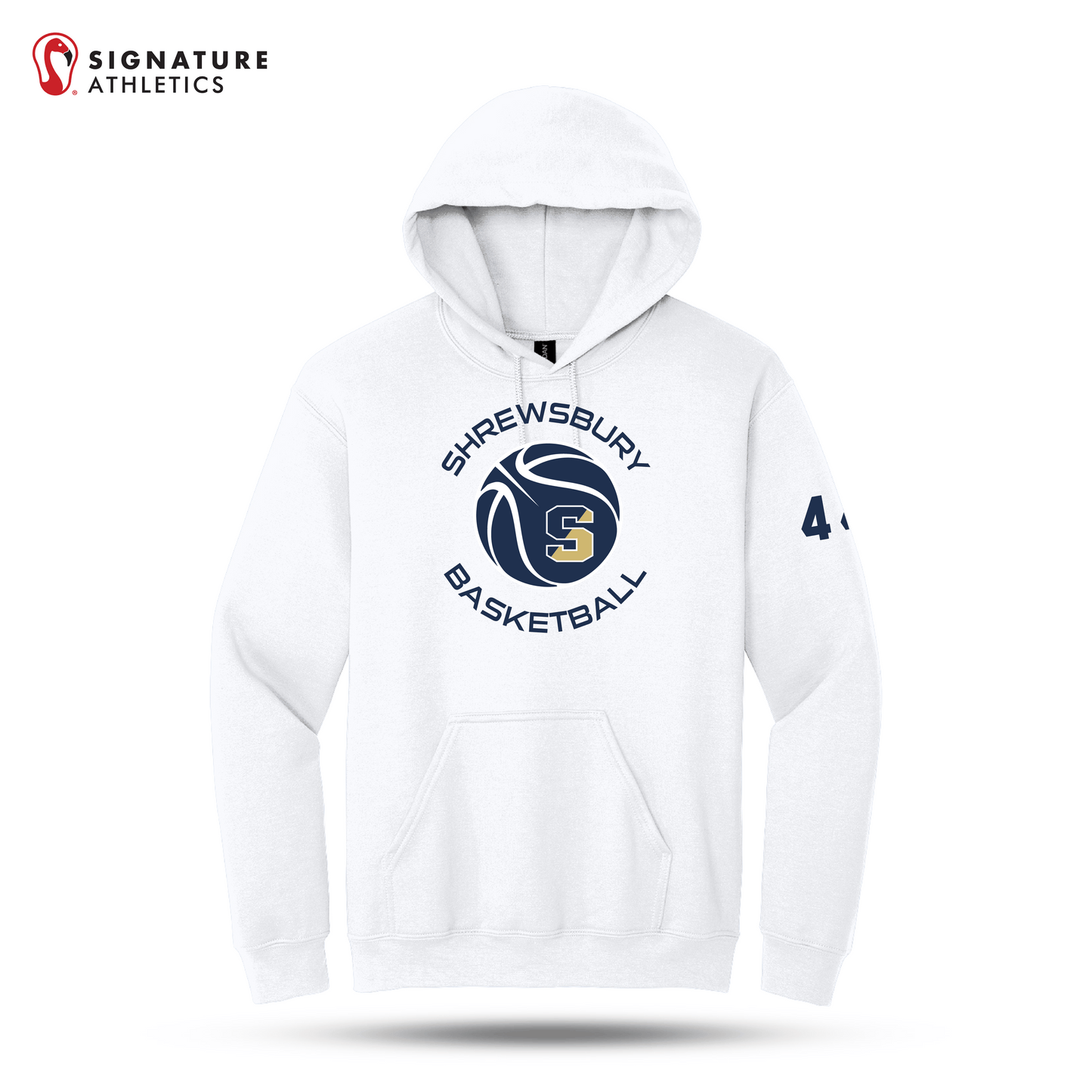 Shrewsbury Basketball Men's Gildan Heavy Blend Hooded White Sweatshirt Number Signature Lacrosse