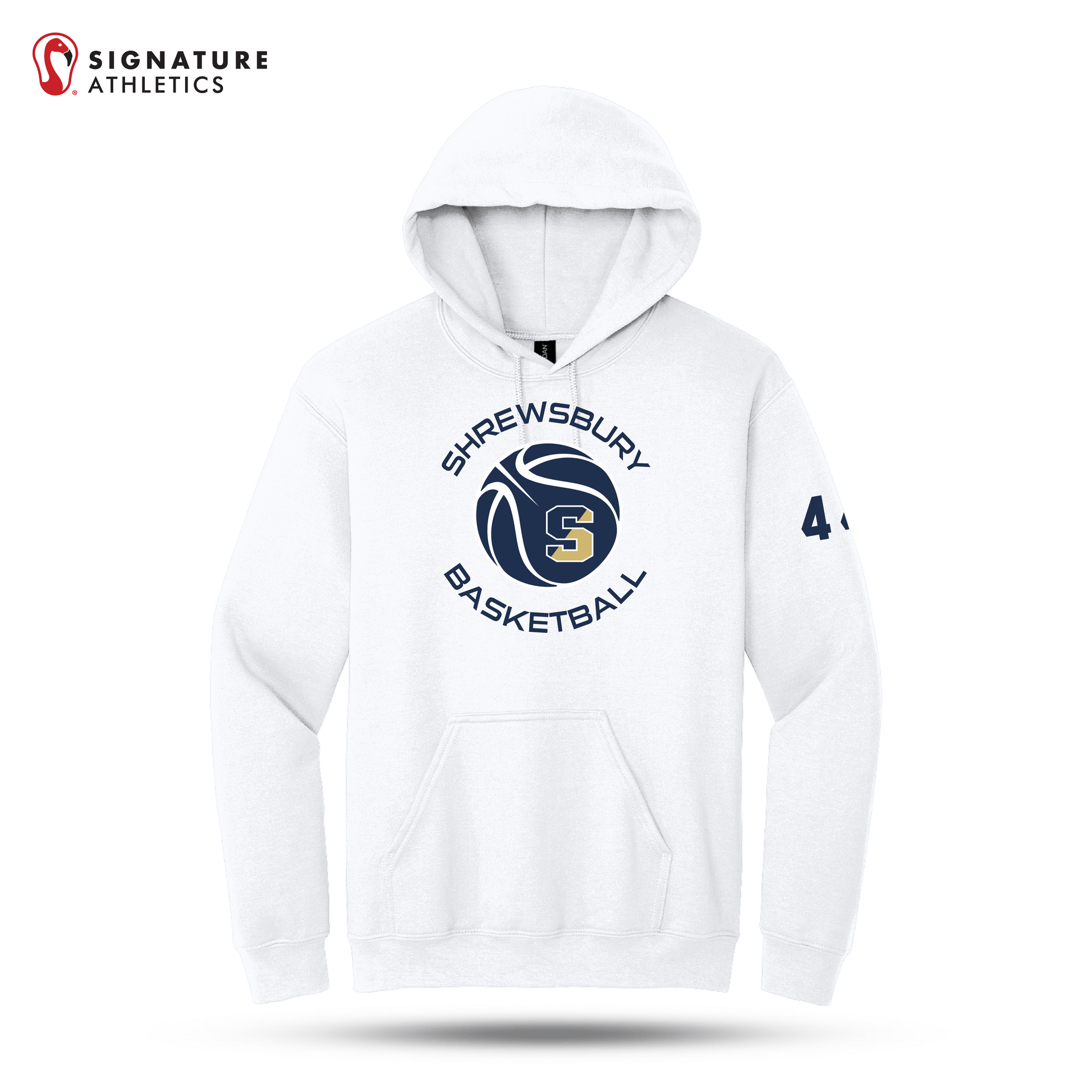 Shrewsbury Basketball Men's Gildan Heavy Blend Hooded White Sweatshirt Number Signature Lacrosse