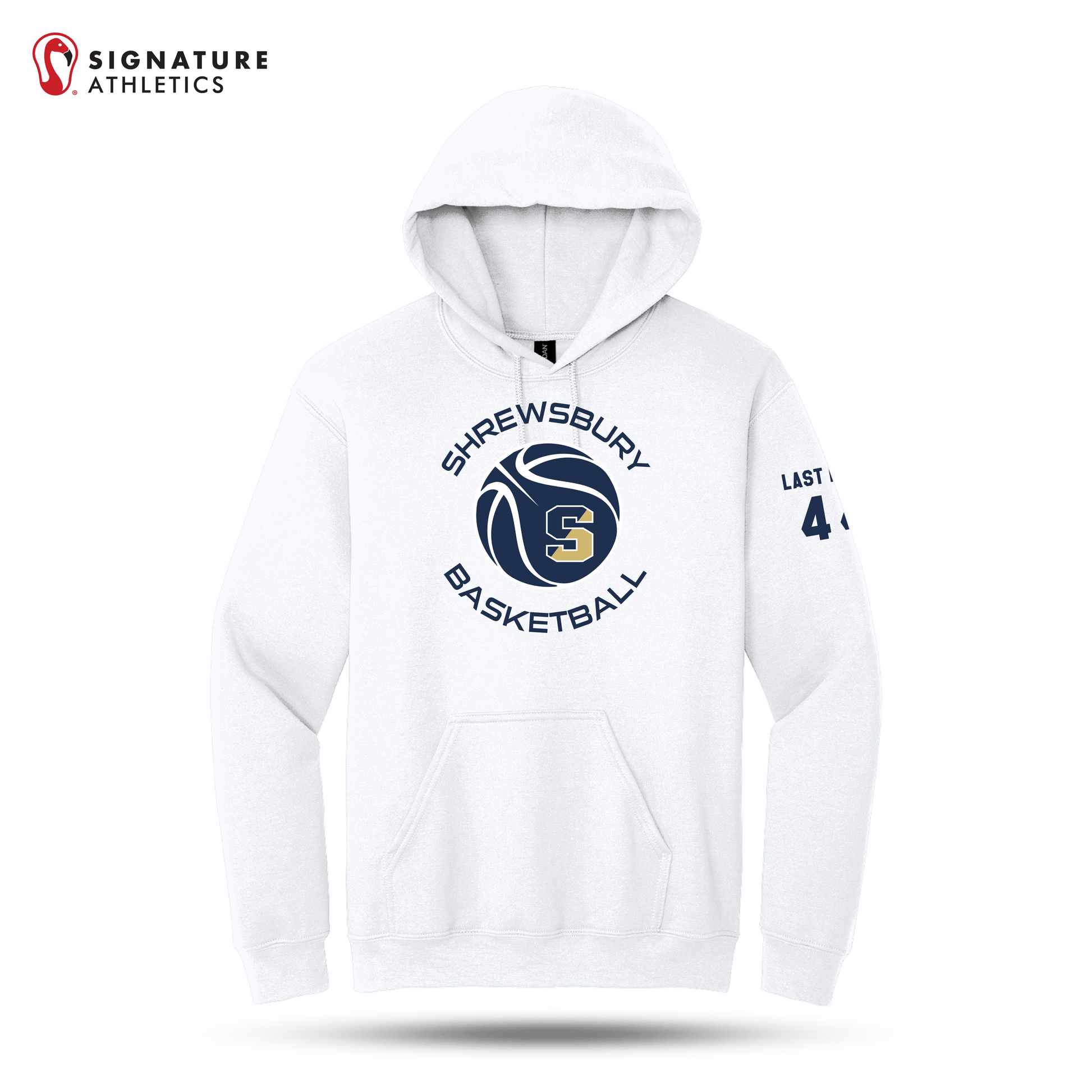 Shrewsbury Basketball Men's Gildan Heavy Blend Hooded White Sweatshirt Number and Name Signature Lacrosse