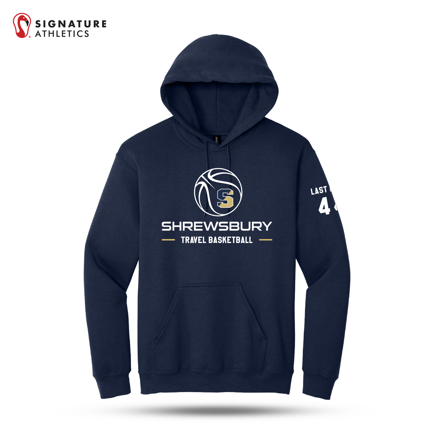 Shrewsbury Basketball Men's Gildan Heavy Blend Travel Hooded Navy Sweatshirt Number and Name Signature Lacrosse