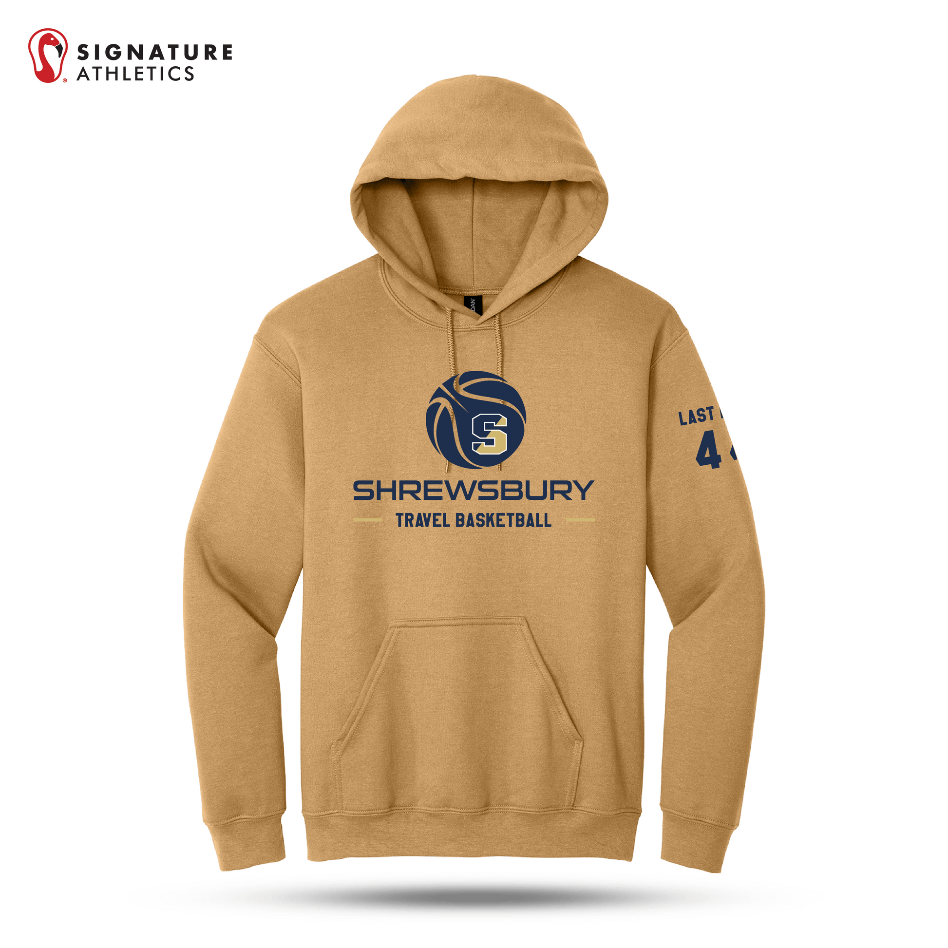 Shrewsbury Basketball Men's Gildan Heavy Blend Travel Hooded Old Gold Sweatshirt Number and Name Signature Lacrosse