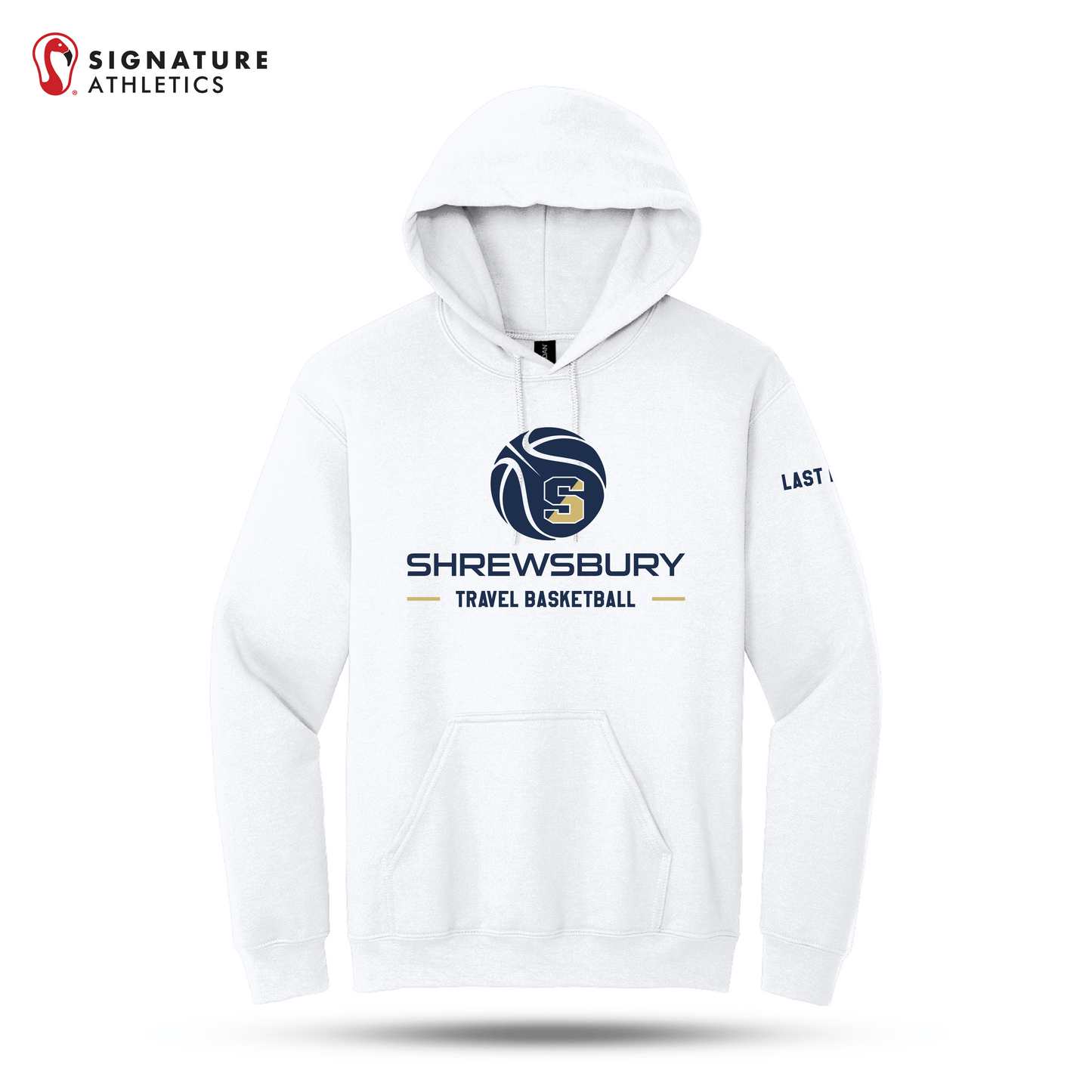Shrewsbury Basketball Men's Gildan Heavy Blend Travel Hooded White Sweatshirt Name Signature Lacrosse