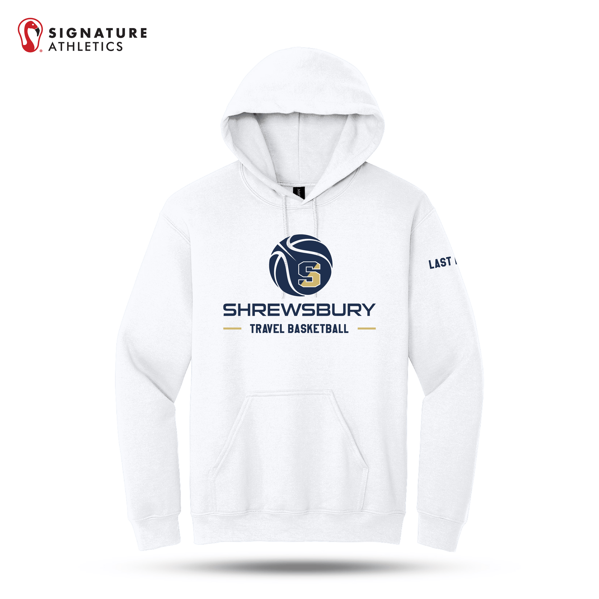 Shrewsbury Basketball Men's Gildan Heavy Blend Travel Hooded White Sweatshirt Name Signature Lacrosse