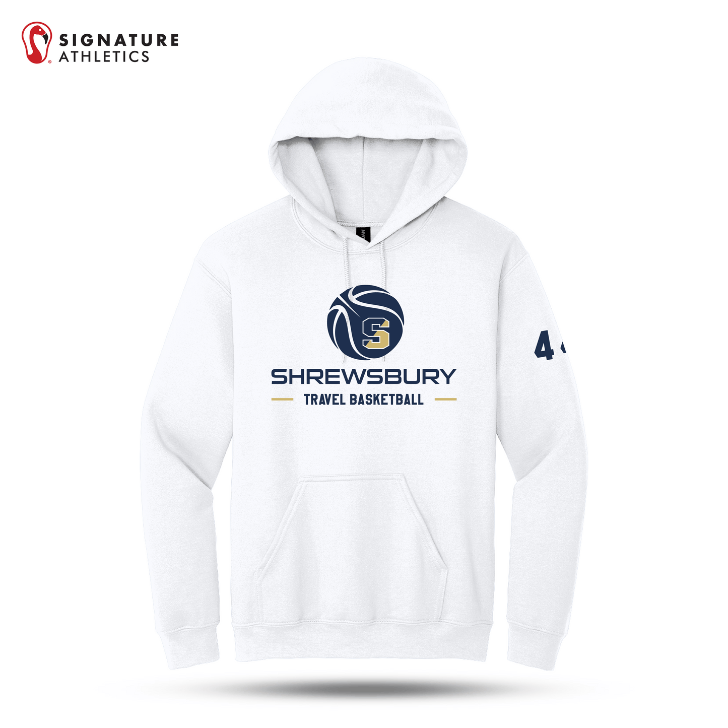 Shrewsbury Basketball Men's Gildan Heavy Blend Travel Hooded White Sweatshirt Number Signature Lacrosse