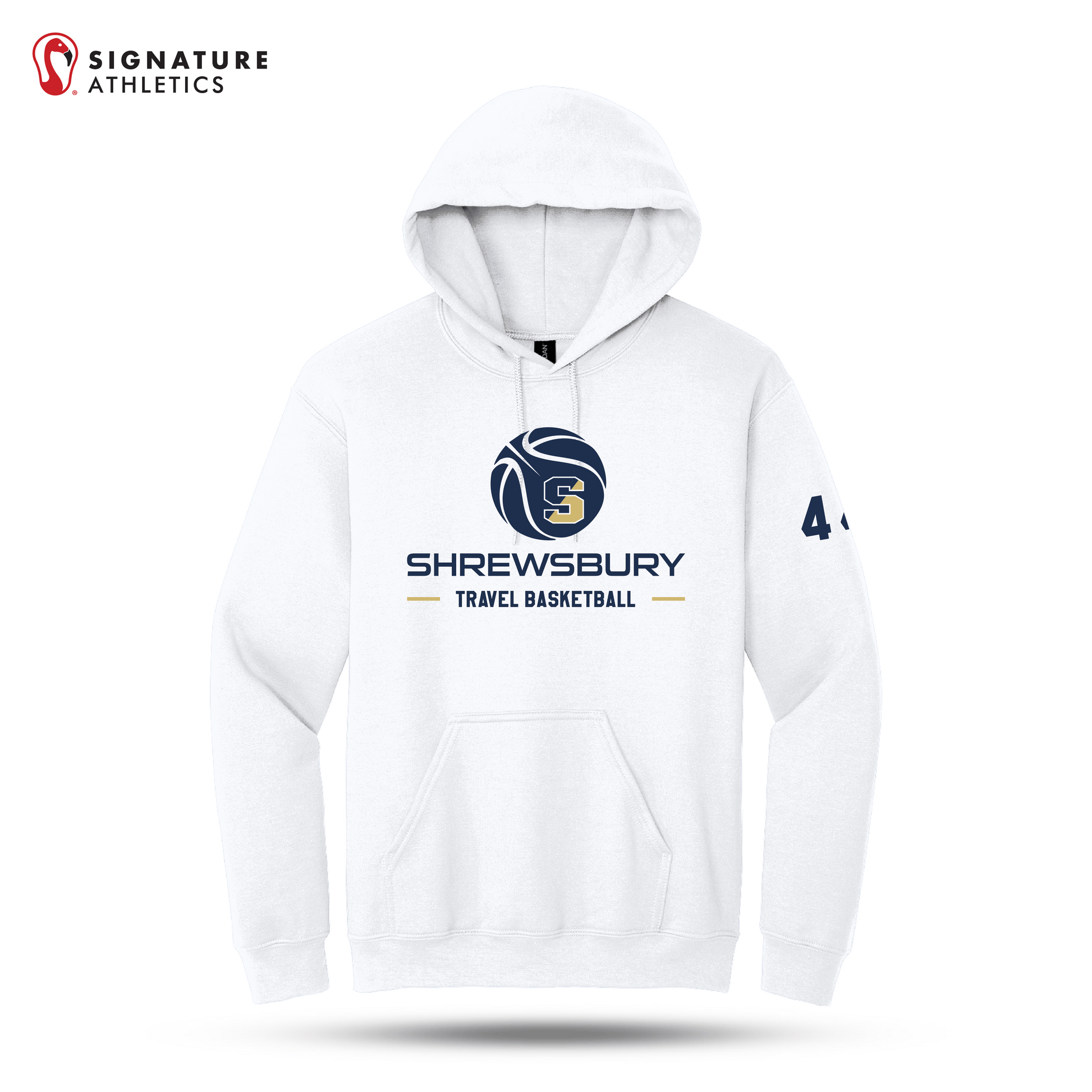 Shrewsbury Basketball Men's Gildan Heavy Blend Travel Hooded White Sweatshirt Number Signature Lacrosse