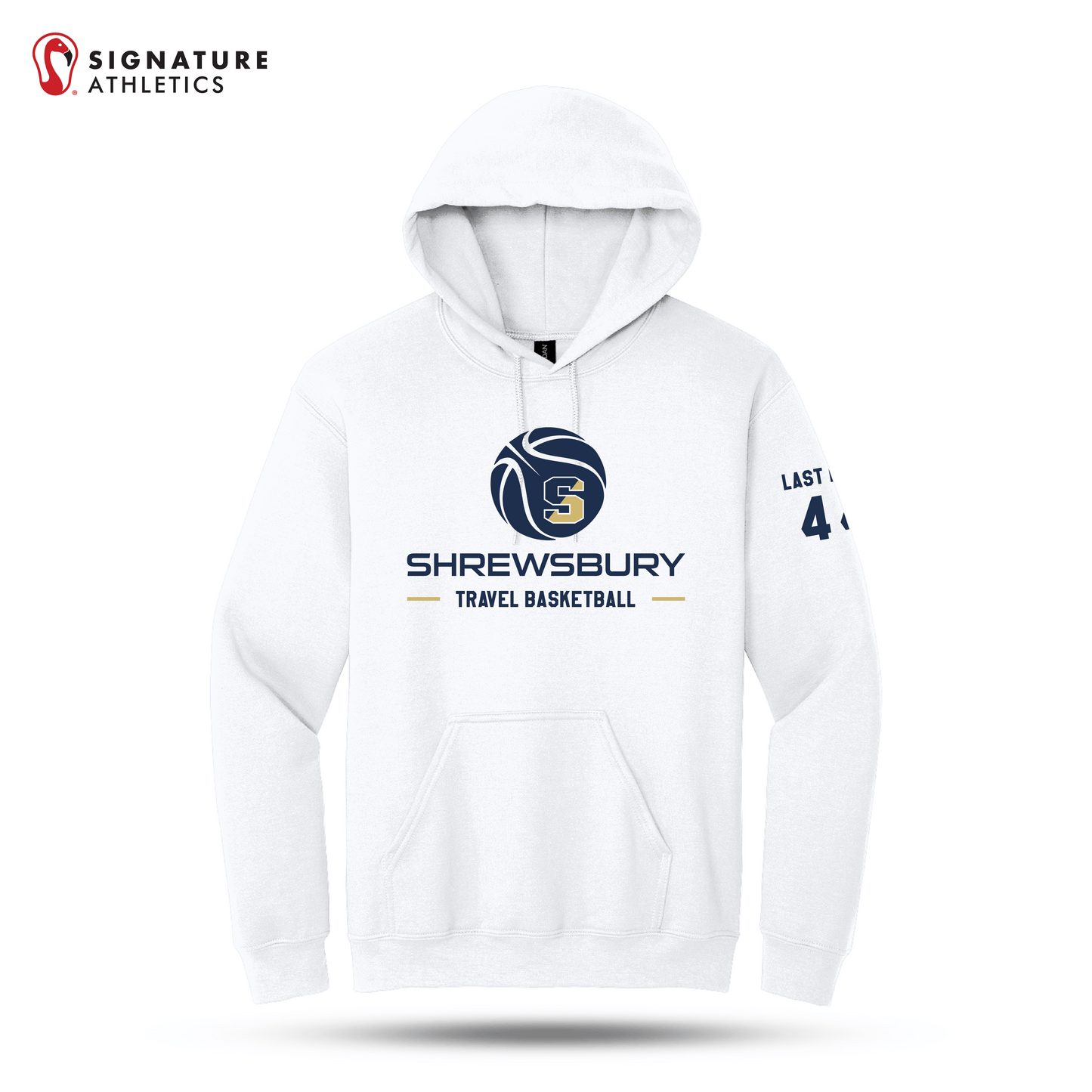 Shrewsbury Basketball Men's Gildan Heavy Blend Travel Hooded White Sweatshirt Number and Name Signature Lacrosse