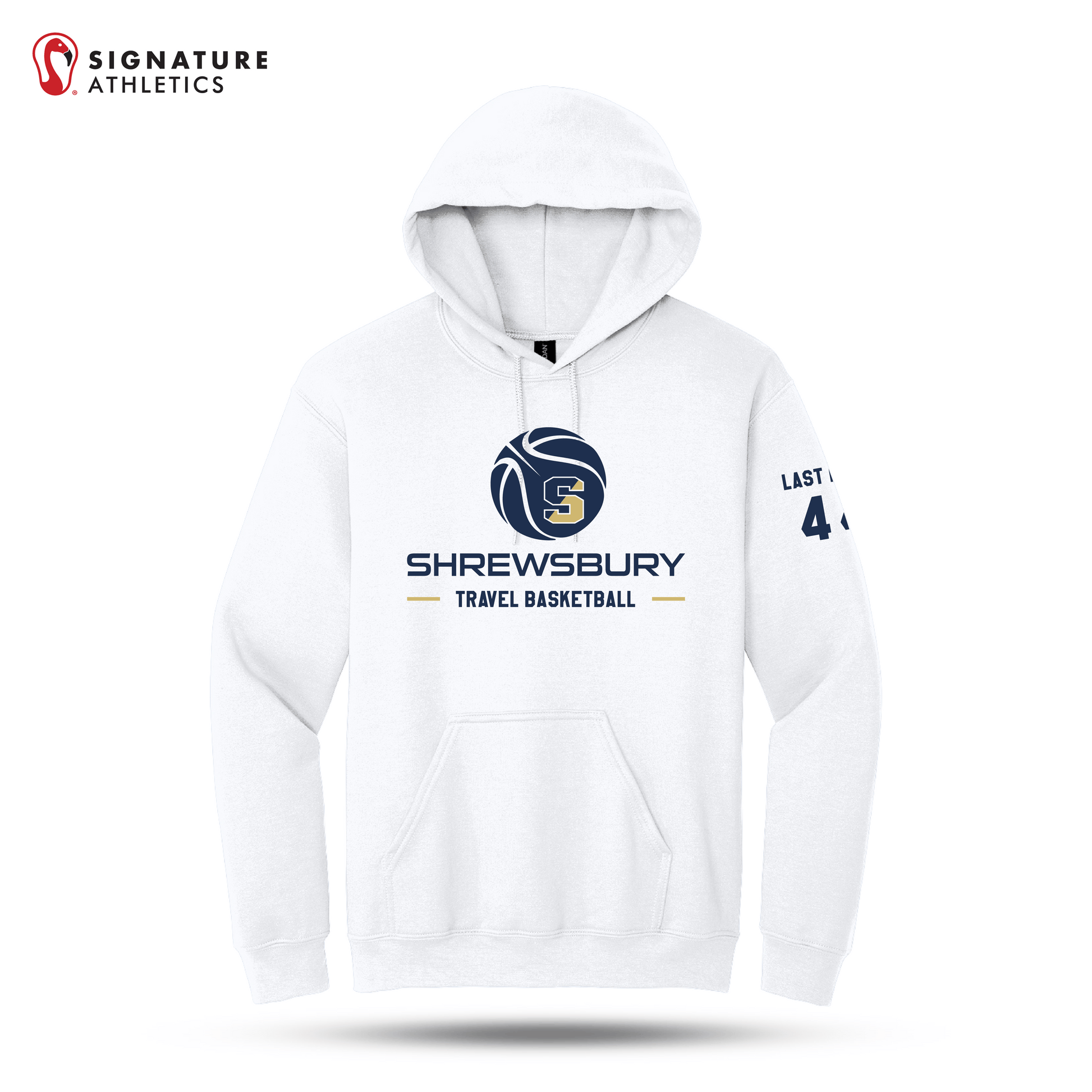 Shrewsbury Basketball Men's Gildan Heavy Blend Travel Hooded White Sweatshirt Number and Name Signature Lacrosse
