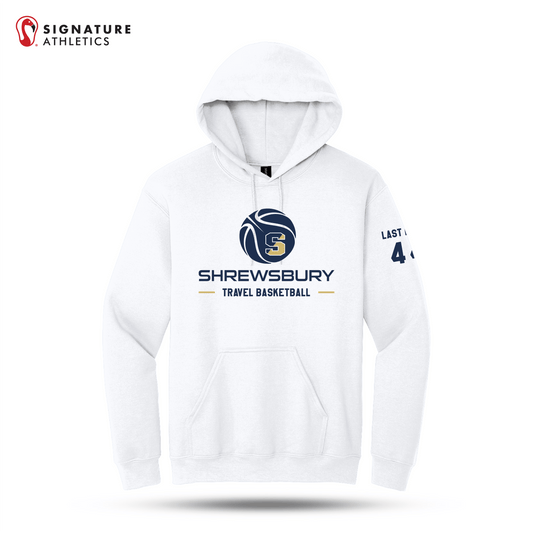 Shrewsbury Basketball Men's Gildan Heavy Blend Travel Hooded White Sweatshirt Number and Name Signature Lacrosse