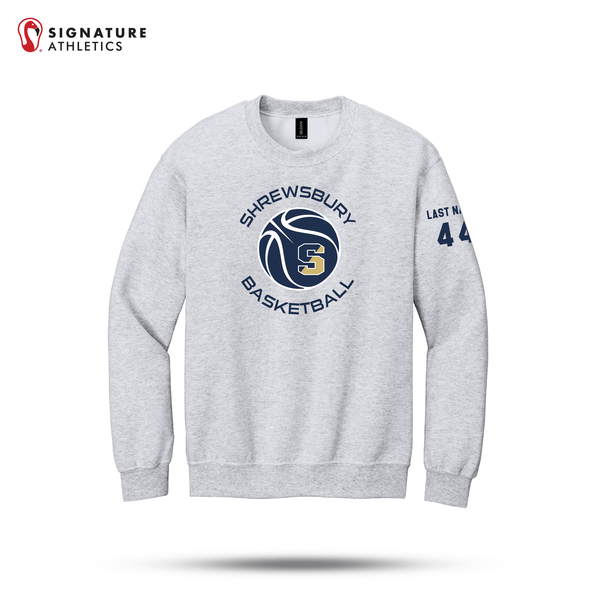 Shrewsbury Basketball Men's Gildan Youth Heavy Blend Crewneck Ash Sweatshirt Number and Name Signature Lacrosse
