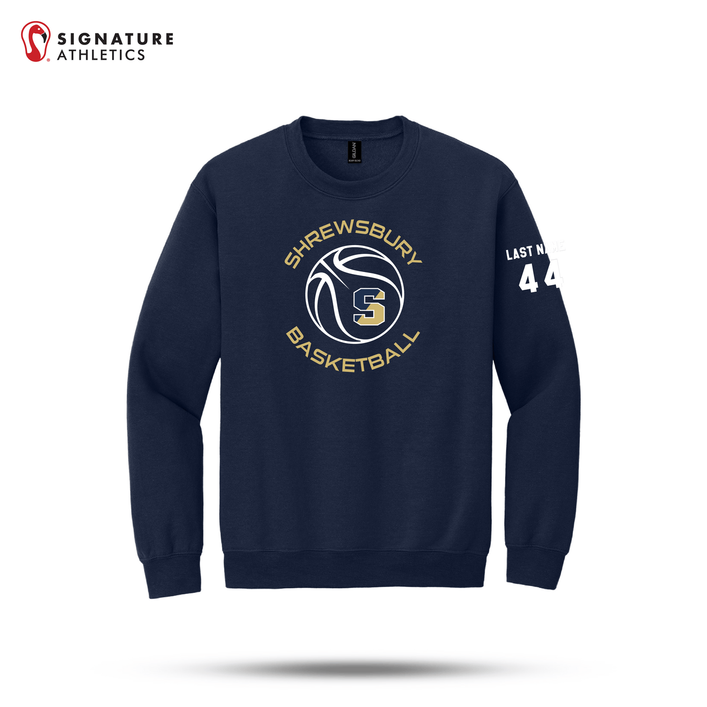 Shrewsbury Basketball Men's Gildan Youth Heavy Blend Crewneck Navy Sweatshirt Number and Name Signature Lacrosse