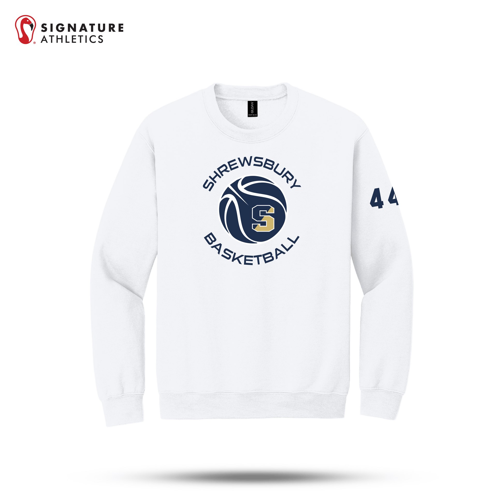 Shrewsbury Basketball Men's Gildan Youth Heavy Blend Crewneck White Sweatshirt Number Signature Lacrosse