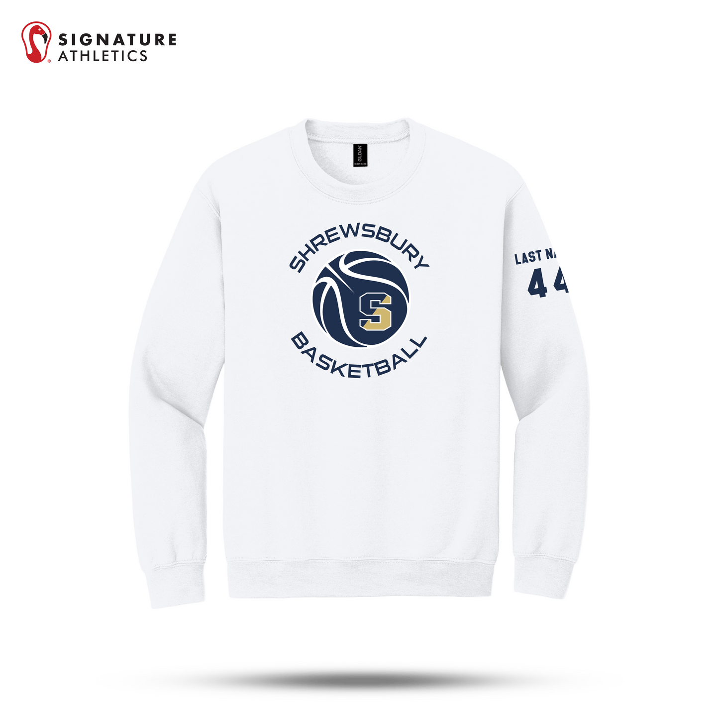 Shrewsbury Basketball Men's Gildan Youth Heavy Blend Crewneck White Sweatshirt Number and Name Signature Lacrosse
