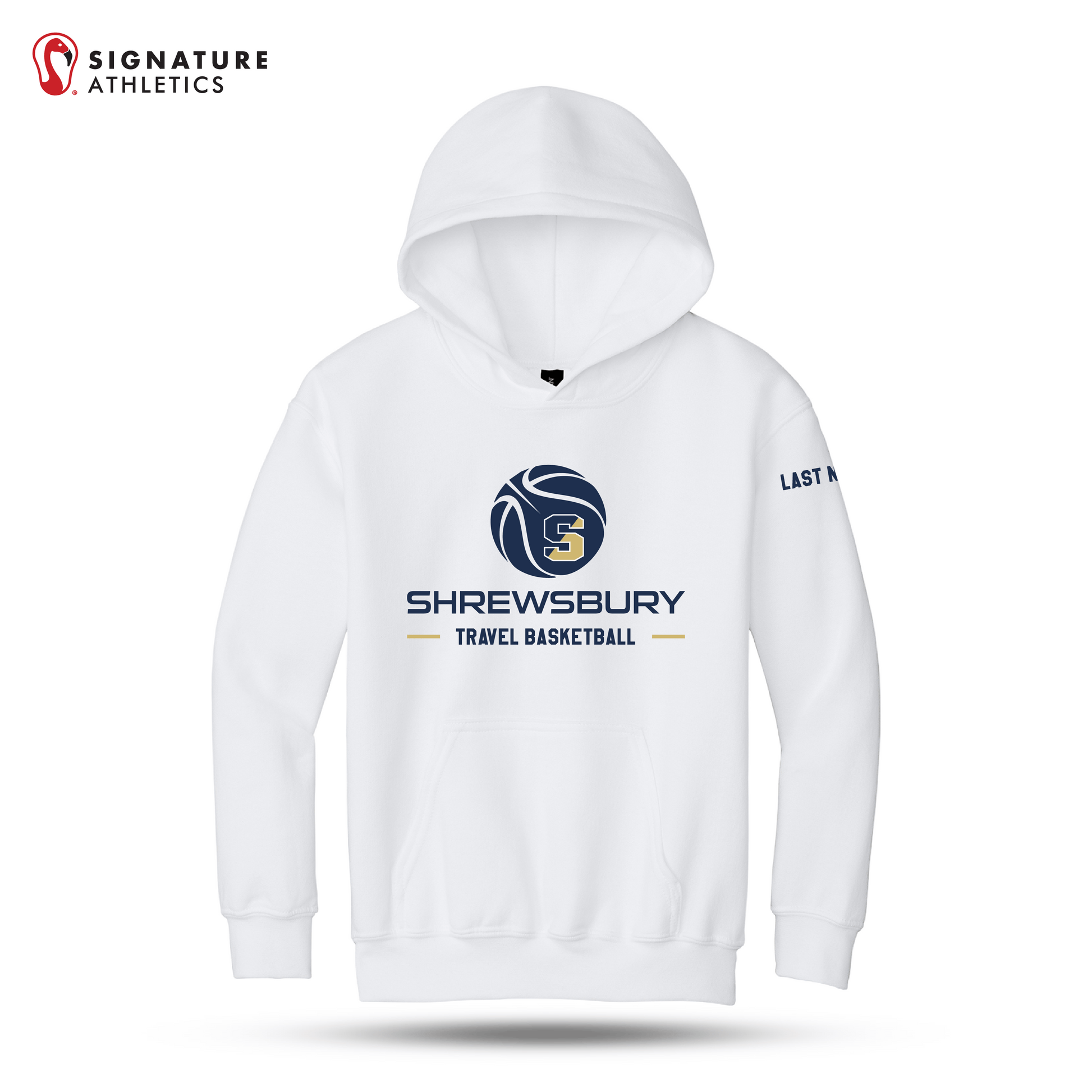 Shrewsbury Basketball Men's Gildan Youth Heavy Blend Hooded White Sweatshirt Name Signature Lacrosse
