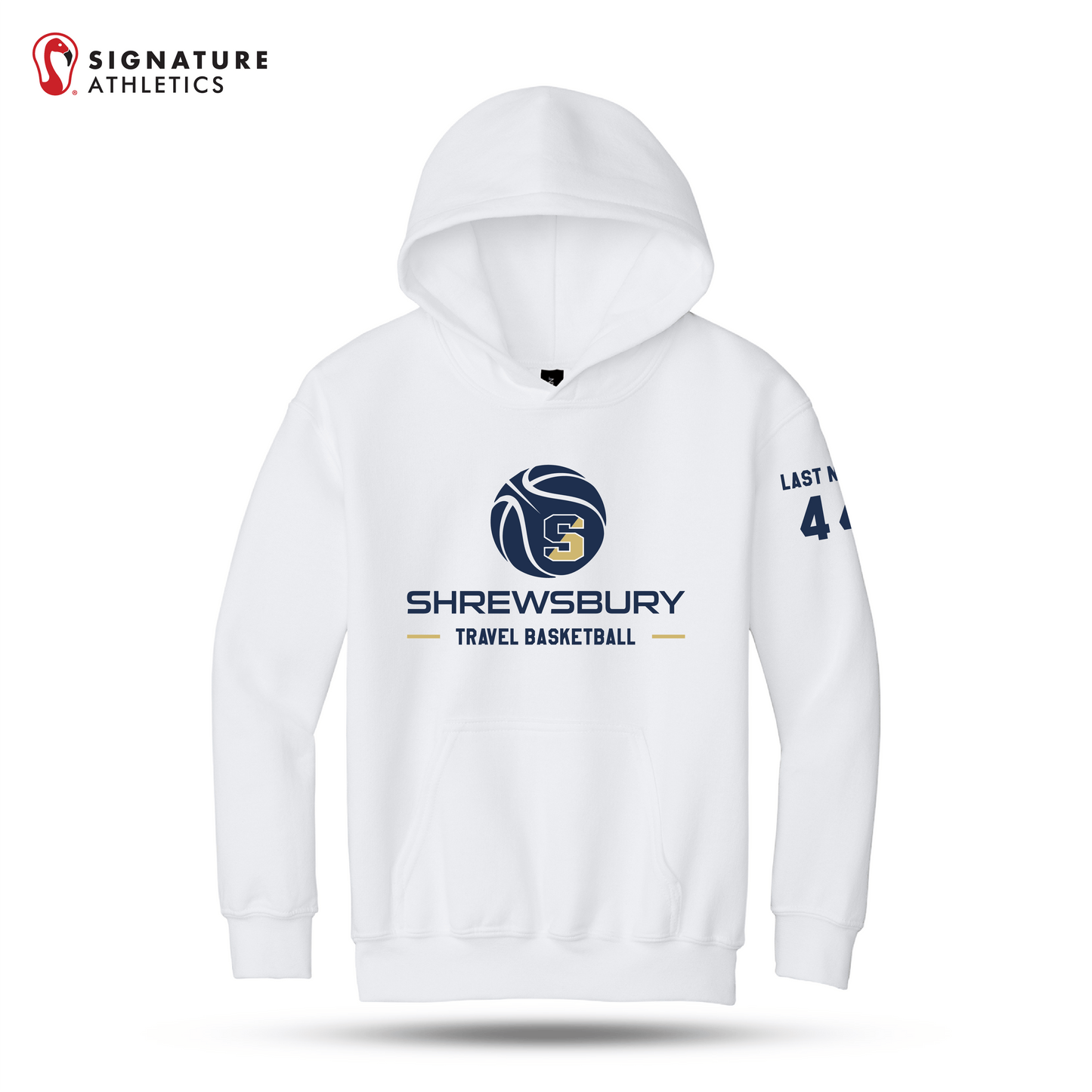 Shrewsbury Basketball Men's Gildan Youth Heavy Blend Hooded White Sweatshirt Number and Name: Shrewsbury Basketball Signature Lacrosse