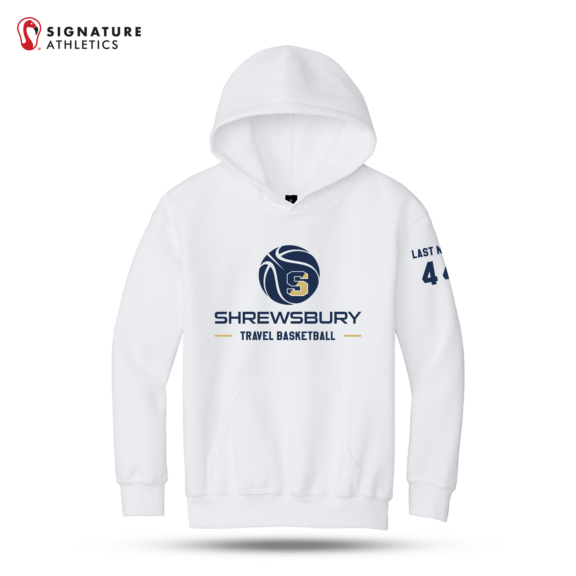 Shrewsbury Basketball Men's Gildan Youth Heavy Blend Hooded White Sweatshirt Number and Name: Shrewsbury Basketball Signature Lacrosse