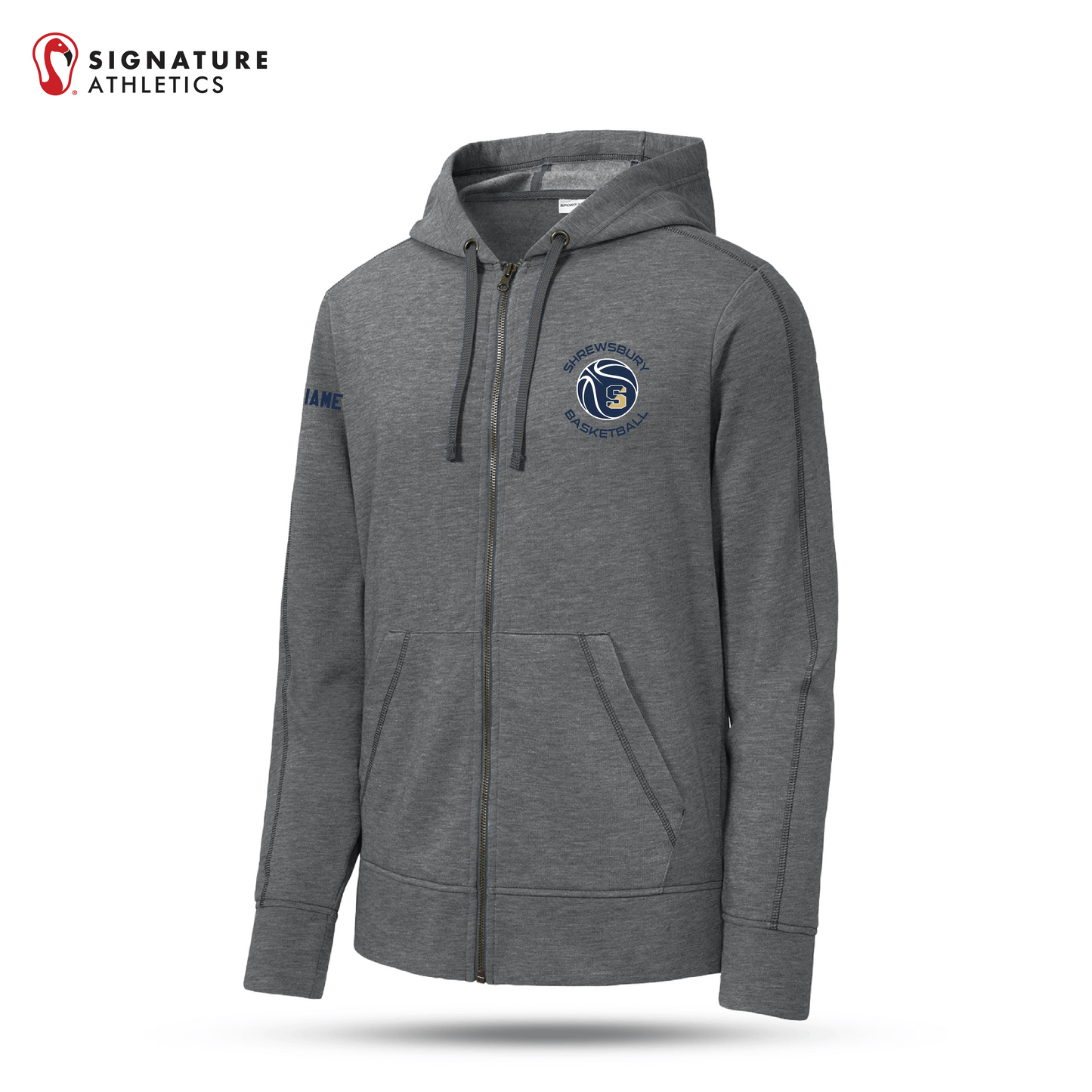 Shrewsbury Basketball Men's Sport-Tek PosiCharge Tri-Blend Wicking Fleece Dark Grey Heather Full-Zip Hooded Jacket Name: Shrewsbury Basketball Signature Lacrosse