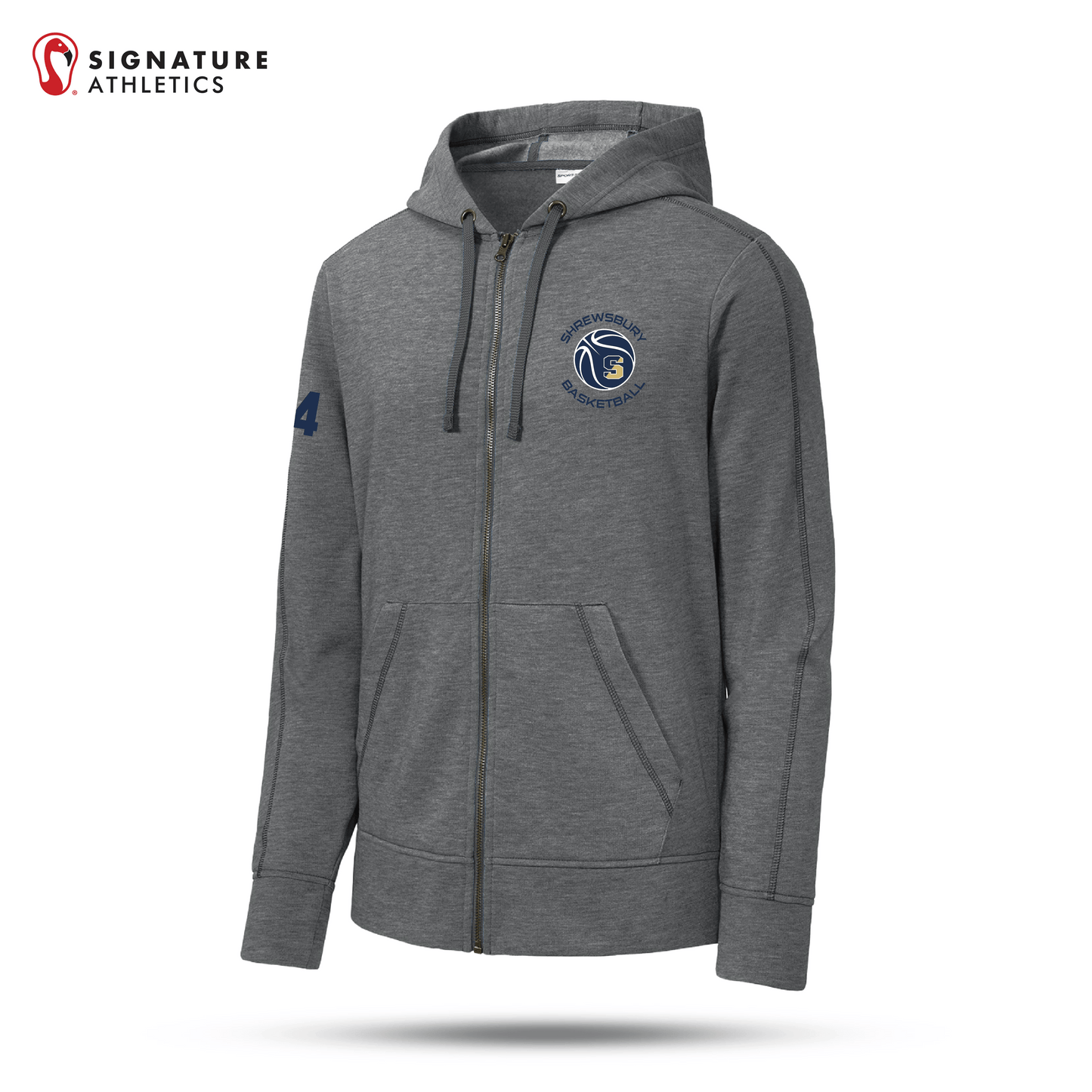 Shrewsbury Basketball Men's Sport-Tek PosiCharge Tri-Blend Wicking Fleece Dark Grey Heather Full-Zip Hooded Jacket Number Signature Lacrosse