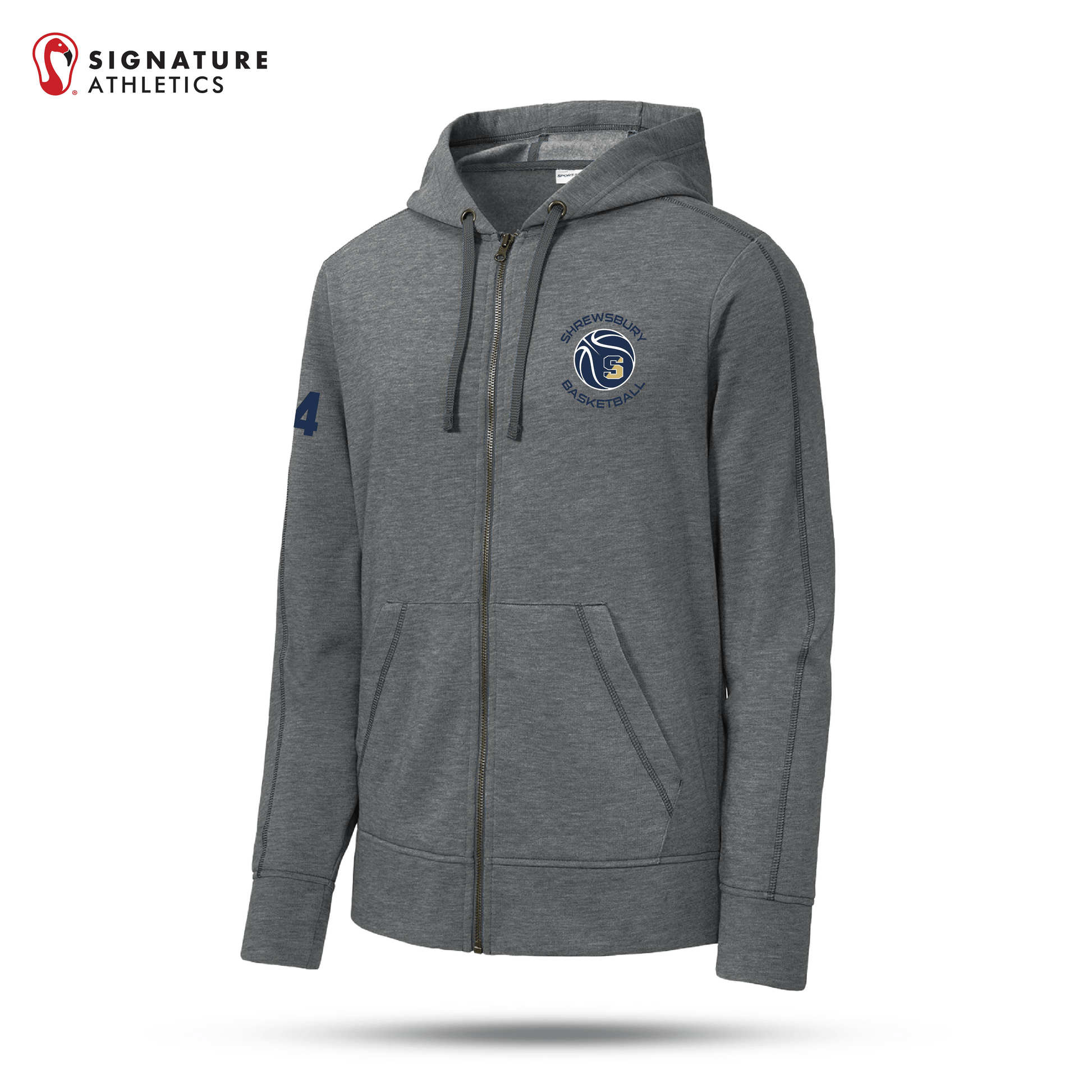 Shrewsbury Basketball Men's Sport-Tek PosiCharge Tri-Blend Wicking Fleece Dark Grey Heather Full-Zip Hooded Jacket Number Signature Lacrosse