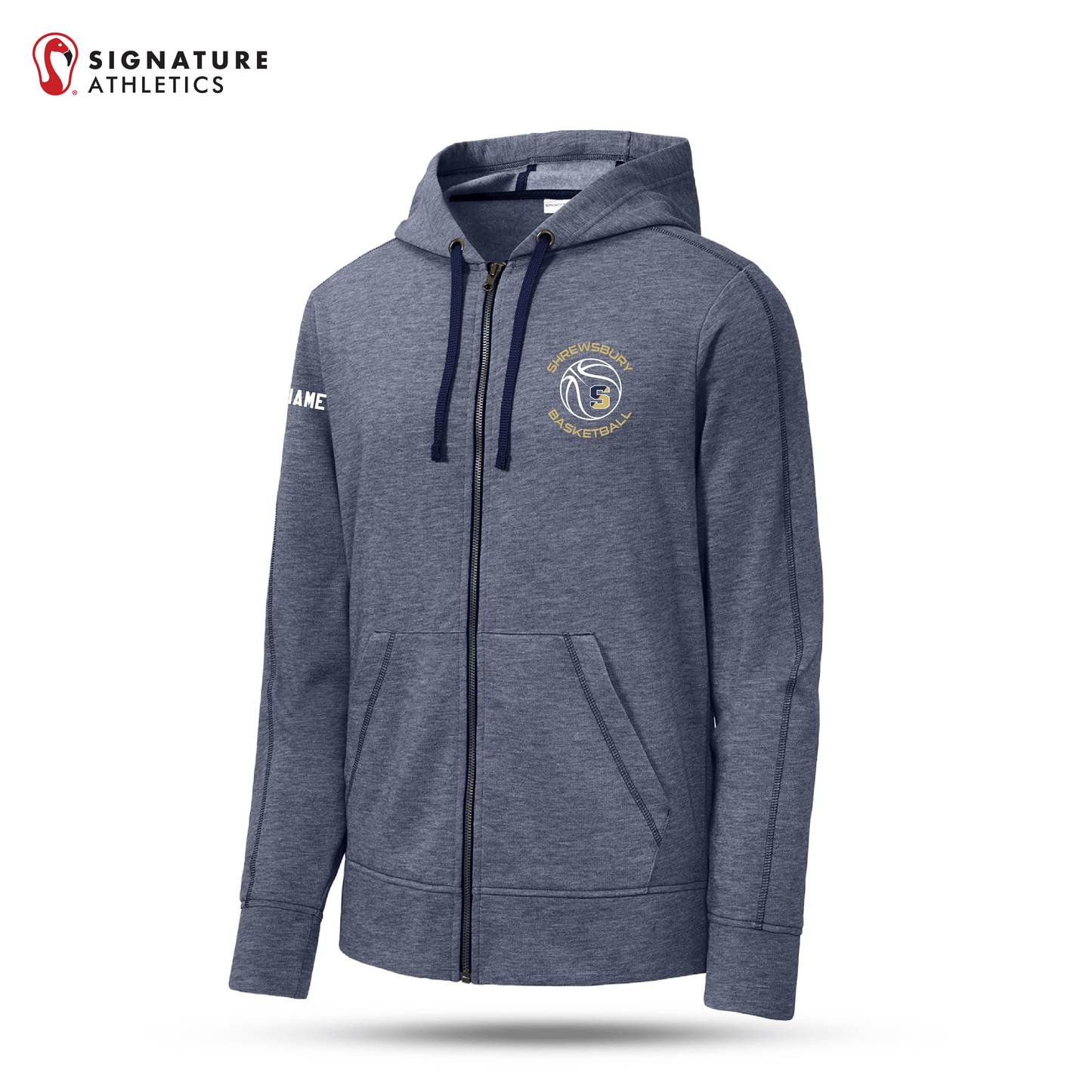 Shrewsbury Basketball Men's Sport-Tek PosiCharge Tri-Blend Wicking Fleece True Navy Heather Full-Zip Hooded Jacket Name Signature Lacrosse