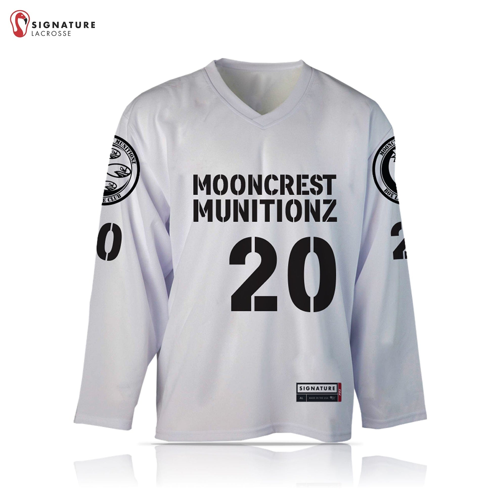 Mooncrest Munitionz Box Lacrosse Men’s 2 Piece White Pro Box Jersey Package Signature Lacrosse